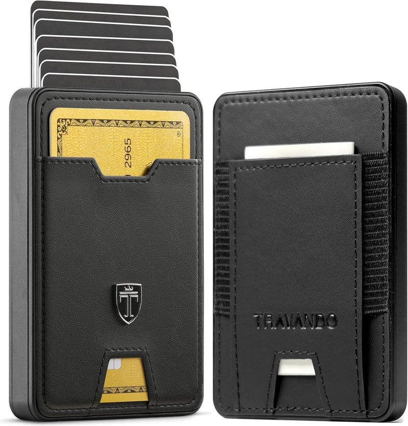 TRAVANDO Swype Slim Wallet for Men Metal RFID Blocking Mens Wallet Card Case (Real Leather Black) - Image 1